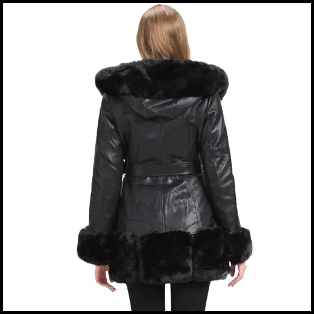 Faux Leather Coat with Faux Fur Collar Slim Fit Belted Mid Length Hooded Jacket - Picture 3 of 6